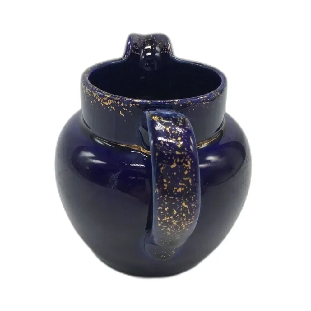 Vintage Indigo Blue Ceramic Creamer Small Pitcher 4 In Gold Speckle Trim Jug